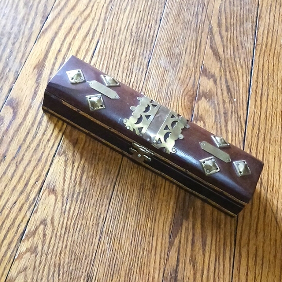 COFFIN Brass Wooden Trinket Hinged Incense Box Vintage Apothecary Style - Picture 1 of 11